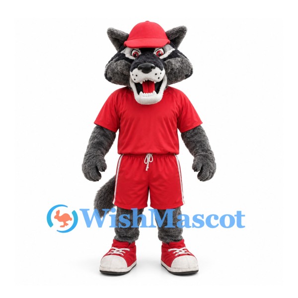 Wolf Mascot Costume in Gray with Red Sports Uniform and Cap