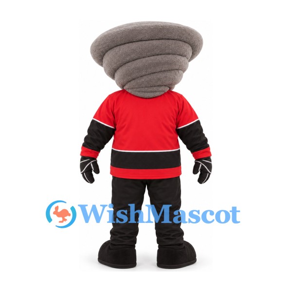 Tornado Mascot Costume in Gray with Red Hockey Jersey and Black Trousers