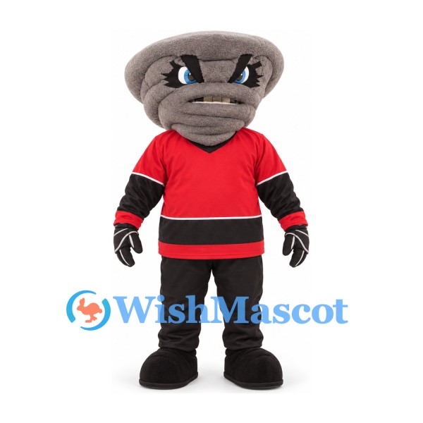 Tornado Mascot Costume in Gray with Red Hockey Jersey and Black Trousers