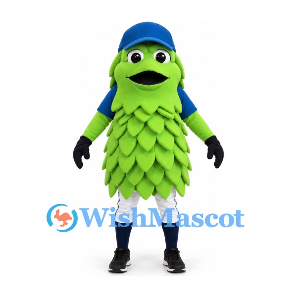 Hop Cone Mascot Costume in Green with Blue Cap and White Shorts