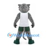 Cougar Mascot Costume in Gray with White Basketball Jersey and Green Shorts