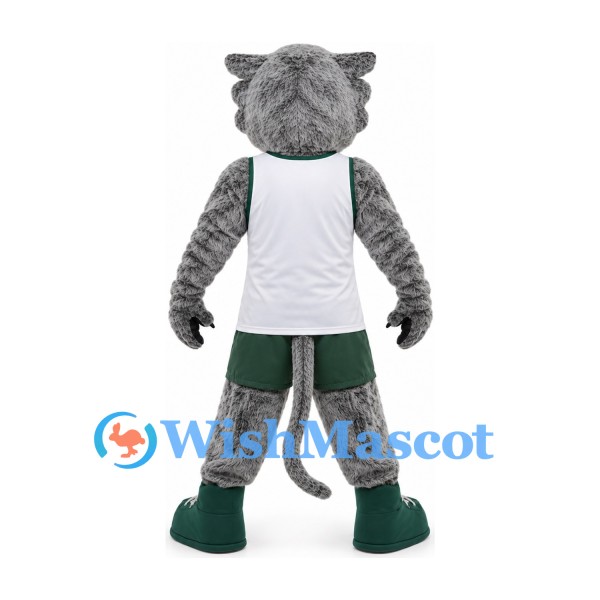 Cougar Mascot Costume in Gray with White Basketball Jersey and Green Shorts