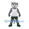 Cougar Mascot Costume in Gray with White Basketball Jersey and Green Shorts