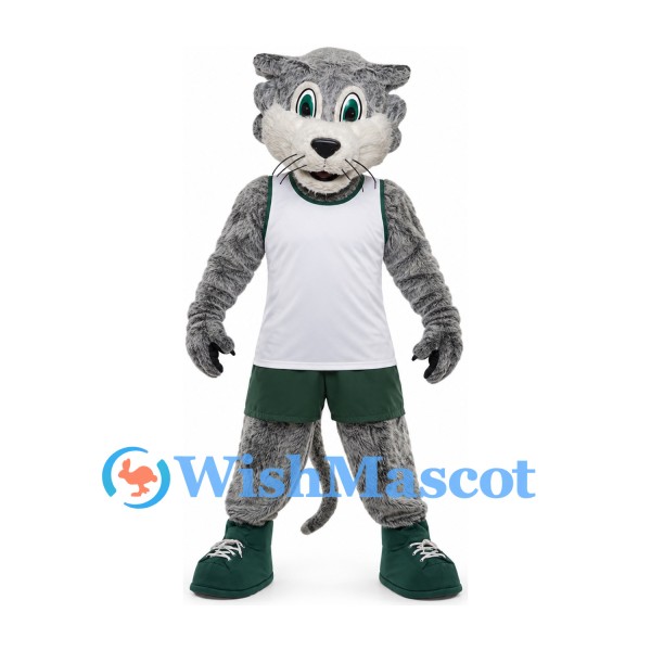 Cougar Mascot Costume in Gray with White Basketball Jersey and Green Shorts