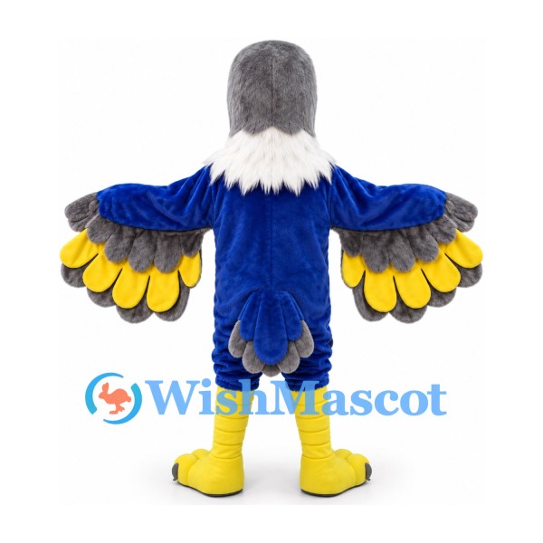 Eagle Mascot Costume in Blue and White with Yellow Wing Feather Tips