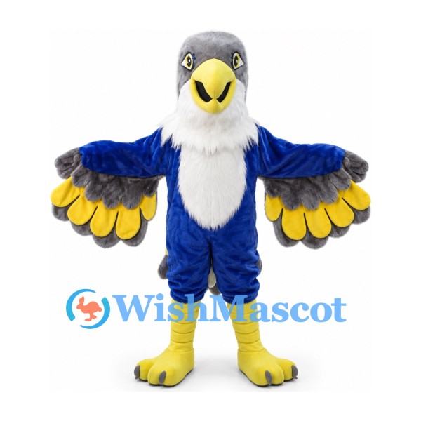 Eagle Mascot Costume in Blue and White with Yellow Wing Feather Tips
