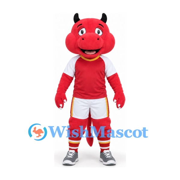Devil Mascot Costume in Red with Red and White Sports Uniform