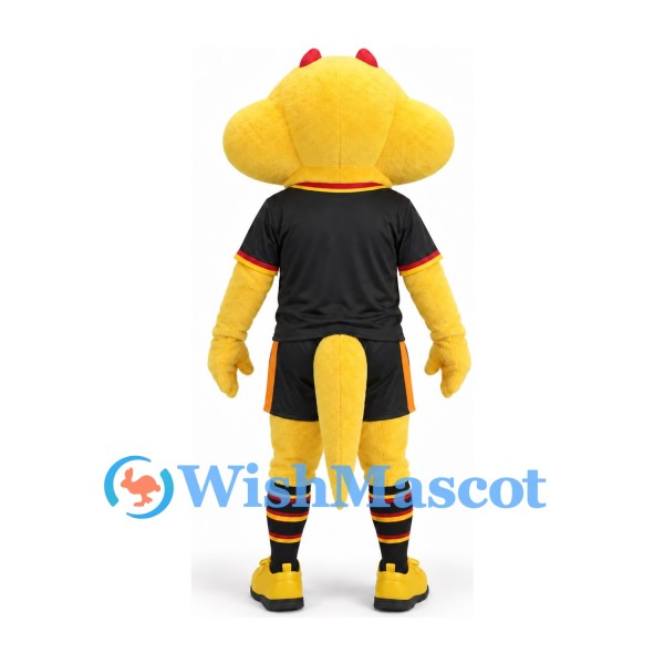 Yellow Creature Mascot Costume with Wide Head and Black Sports Uniform
