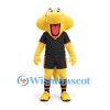 Yellow Creature Mascot Costume with Wide Head and Black Sports Uniform