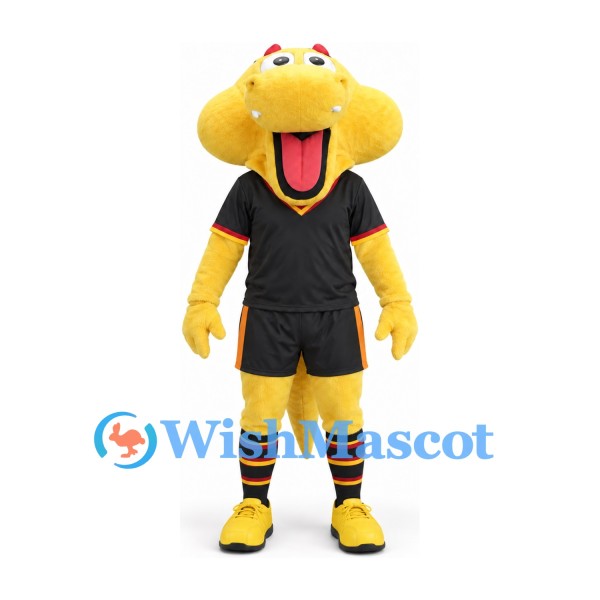 Yellow Creature Mascot Costume with Wide Head and Black Sports Uniform