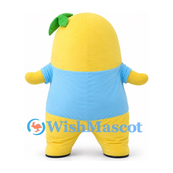 Pear Mascot Costume in Yellow with Blue Shirt and Green Leaf