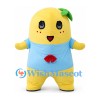 Pear Mascot Costume in Yellow with Blue Shirt and Green Leaf