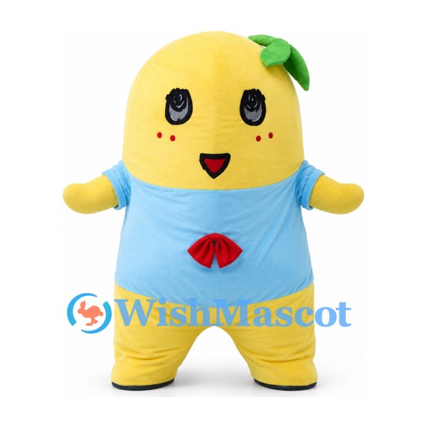 Pear Mascot Costume in Yellow with Blue Shirt and Green Leaf