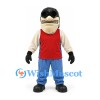 Man Mascot Costume with Black Hair Sunglasses Red Vest and Blue Trousers