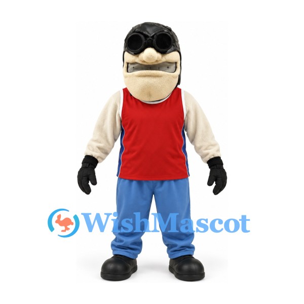 Man Mascot Costume with Black Hair Sunglasses Red Vest and Blue Trousers