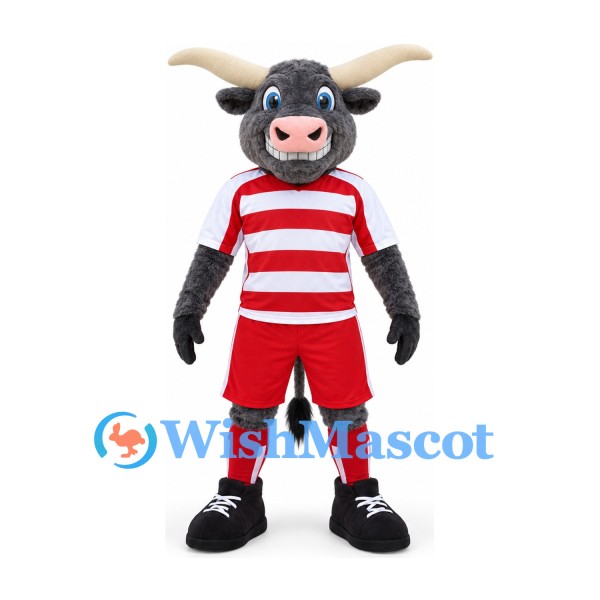 Bull Mascot Costume in Gray with Red and White Striped Sports Uniform