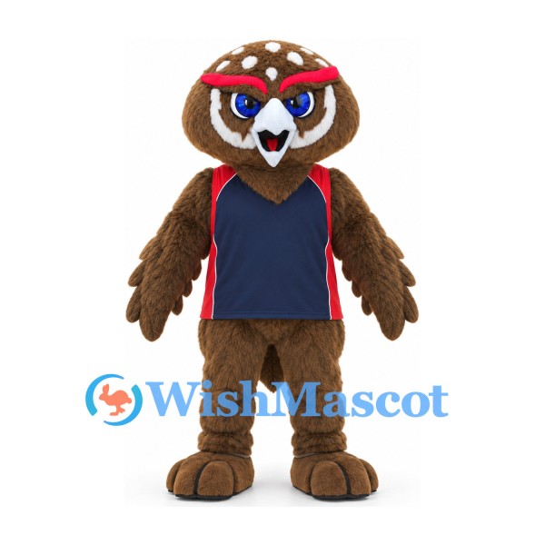 Owl Mascot Costume in Brown with Navy Sports Shirt and Red Headband