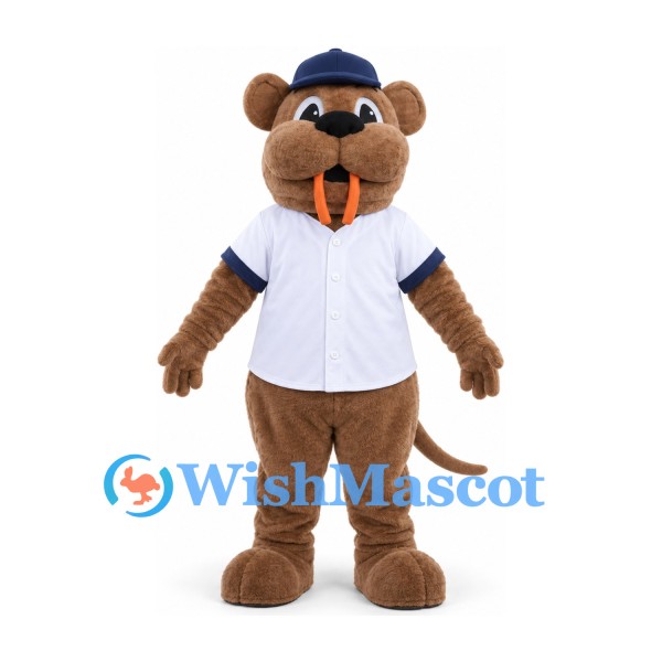 Rat Mascot Costume in Brown with White Shirt and Navy Cap