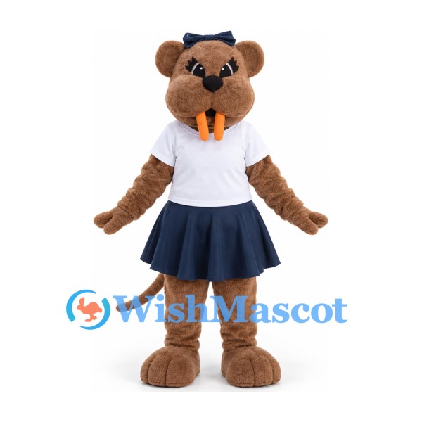 Rat Mascot Costume in Brown with White Shirt Navy Skirt and Hair Bow