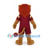 Lion Mascot Costume in Tan with Burgundy Sports Uniform and Orange Mane