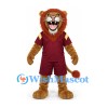 Lion Mascot Costume in Tan with Burgundy Sports Uniform and Orange Mane