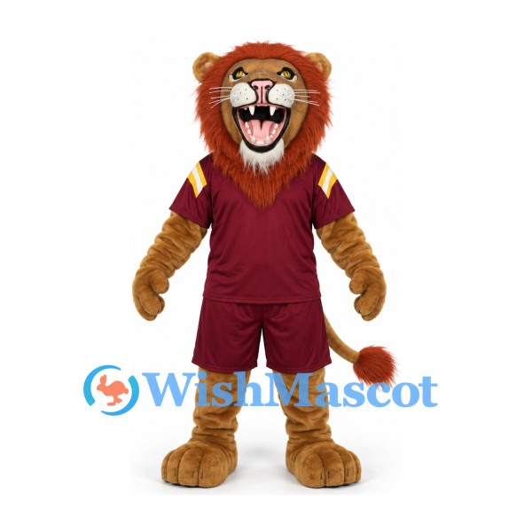 Lion Mascot Costume in Tan with Burgundy Sports Uniform and Orange Mane