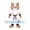 Cat Mascot Costume in Tan and White with Karate Uniform and Black Belt