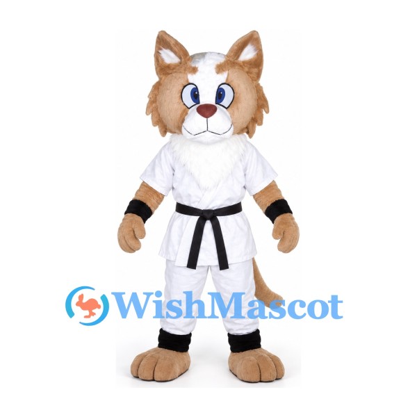 Cat Mascot Costume in Tan and White with Karate Uniform and Black Belt