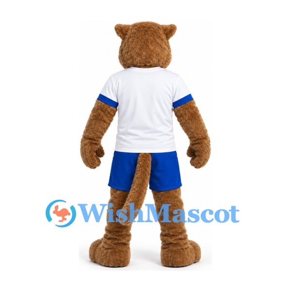Cougar Mascot Costume in Tan with White Shirt and Blue Sports Shorts