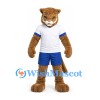 Cougar Mascot Costume in Tan with White Shirt and Blue Sports Shorts