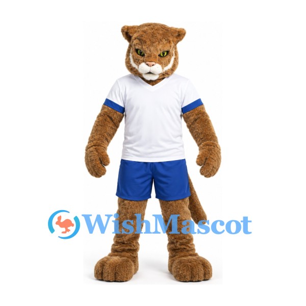 Cougar Mascot Costume in Tan with White Shirt and Blue Sports Shorts