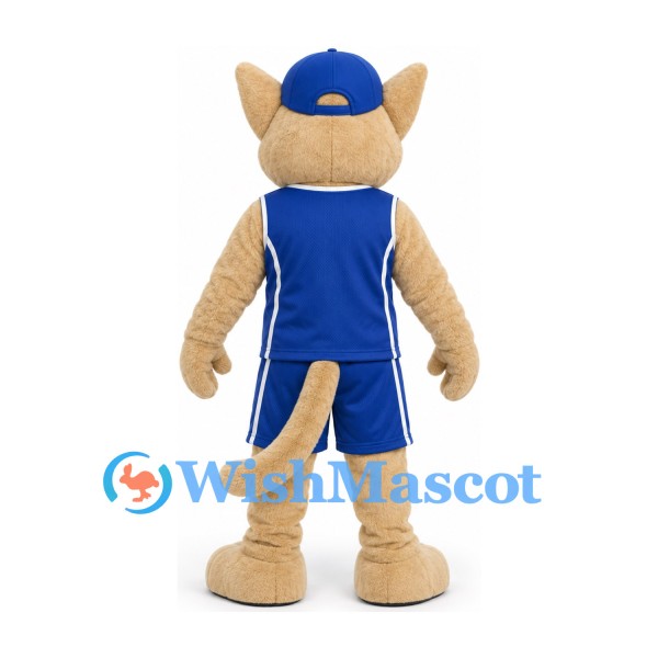 Cougar Mascot Costume in Tan with Blue Sports Uniform and Backward Cap