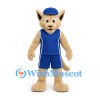 Cougar Mascot Costume in Tan with Blue Sports Uniform and Backward Cap