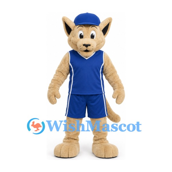 Cougar Mascot Costume in Tan with Blue Sports Uniform and Backward Cap