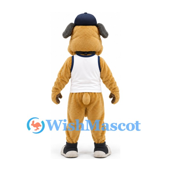 Bulldog Mascot Costume in Tan with White Sports Jersey and Navy Cap