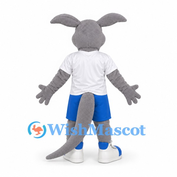 Kangaroo Mascot Costume in Gray with White Shirt and Blue Shorts