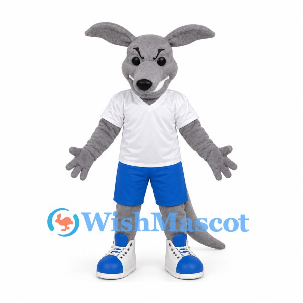 Kangaroo Mascot Costume in Gray with White Shirt and Blue Shorts
