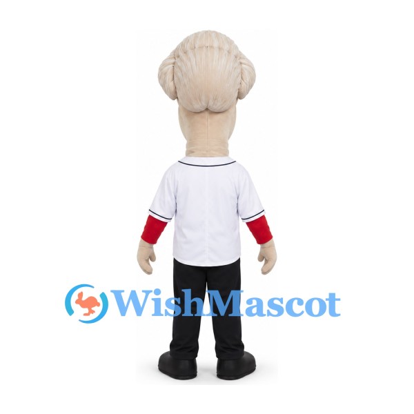 Colonial Man Mascot Costume with Gray Wig White Baseball Shirt and Black Trousers