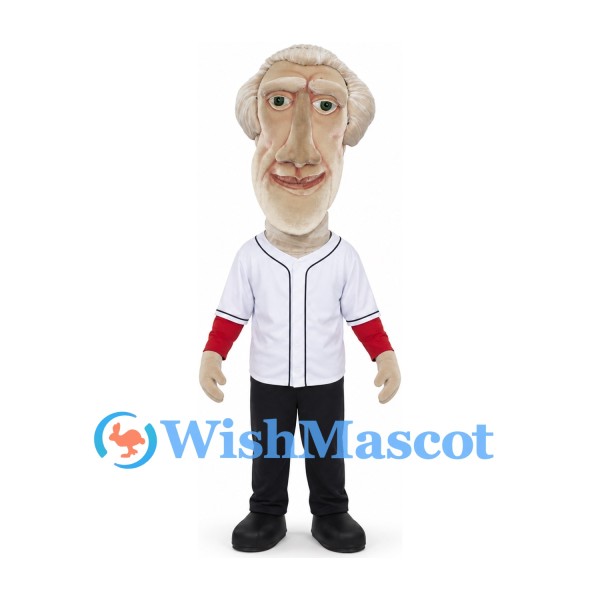 Colonial Man Mascot Costume with Gray Wig White Baseball Shirt and Black Trousers