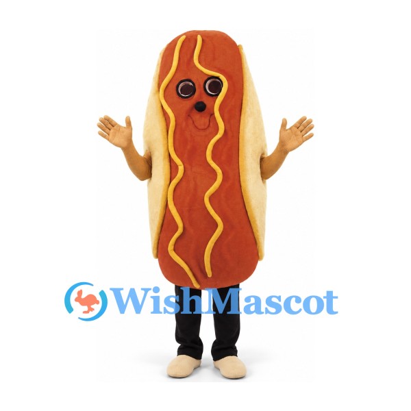 Hot Dog Mascot Costume with Mustard Stripes and Tan Bun