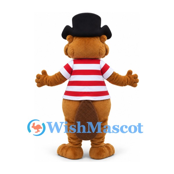 Beaver Mascot Costume in Brown with Black Bowler Hat and Red Striped Shirt