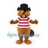 Beaver Mascot Costume in Brown with Black Bowler Hat and Red Striped Shirt