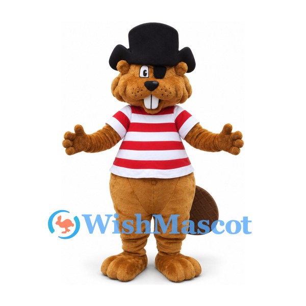 Beaver Mascot Costume in Brown with Black Bowler Hat and Red Striped Shirt