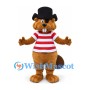 Beaver Mascot Costume in Brown with Black Bowler Hat and Red Striped Shirt
