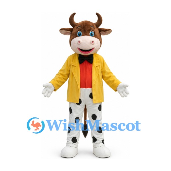 Bull Mascot Costume in Brown with Yellow Jacket and Spotted White Trousers