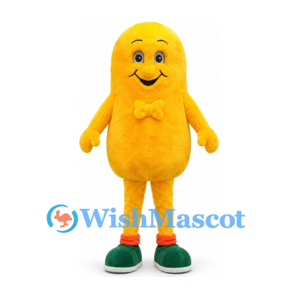 Yellow Character Mascot Costume with Rounded Body Bow Tie and Green Shoes