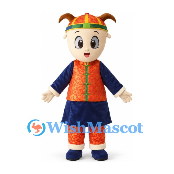Boy Mascot Costume in Red and Navy Traditional Outfit with Decorative Hat