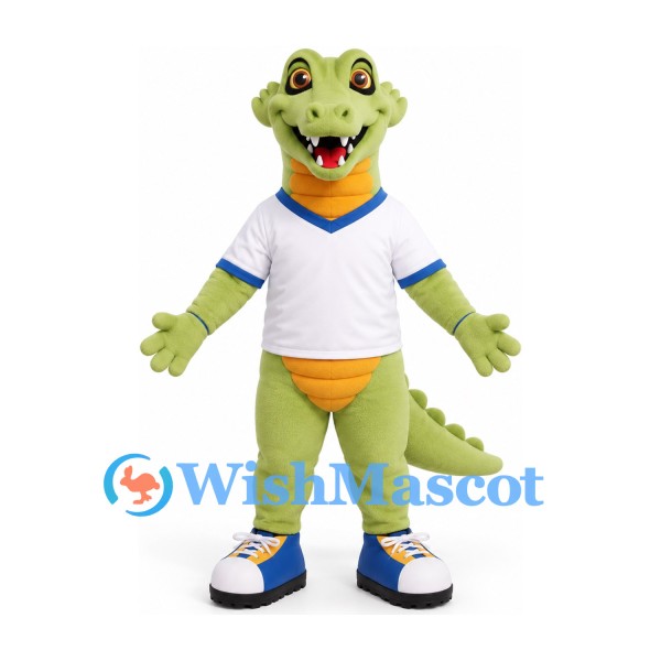Crocodile Mascot Costume in Light Green with White Sports Shirt