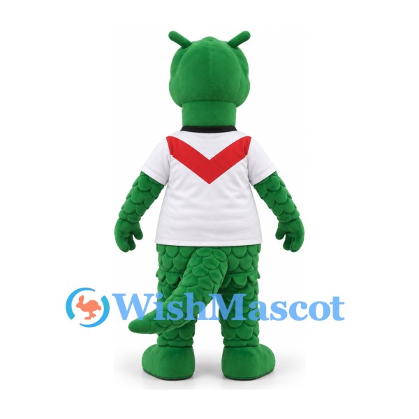 Dragon Mascot Costume in Green with White Jersey and Red Chest Stripe