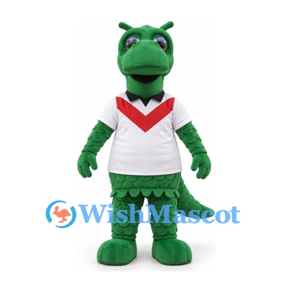 Dragon Mascot Costume in Green with White Jersey and Red Chest Stripe